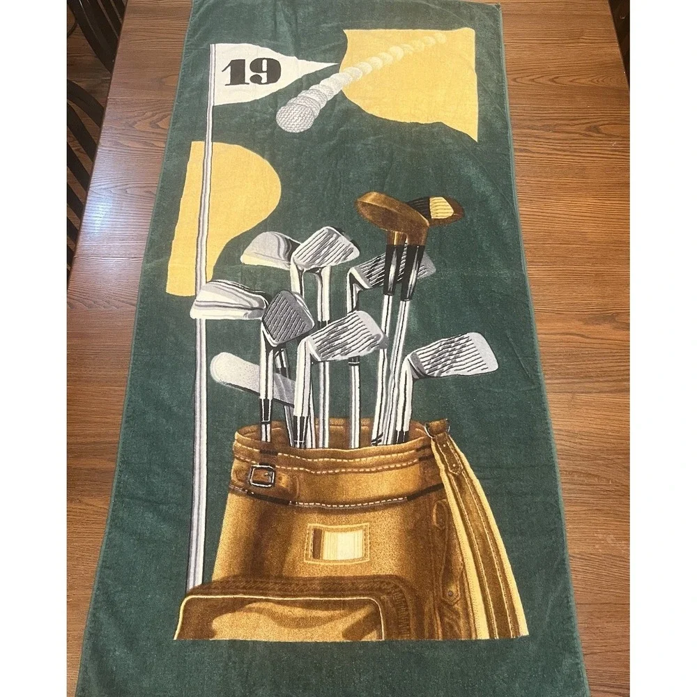 Vintage Hilasal Golf Beach Towel 19th Hole Clubs Flag Ball 100% Cotton Green